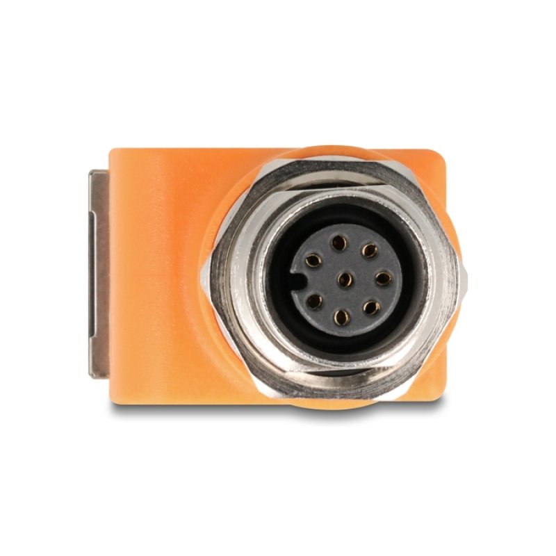 Delock M12 Adapter A-kodiert 8 Pin Buchse zu RJ45 Buchse Cat.5e mit Befestigungsloch 90° gewinkelt orange