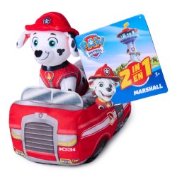 PAW Patrol , Véhicule peluche Marcus 2 en 1, animal en peluche de 15,2 cm avec camion de pompiers en peluche de 20,3