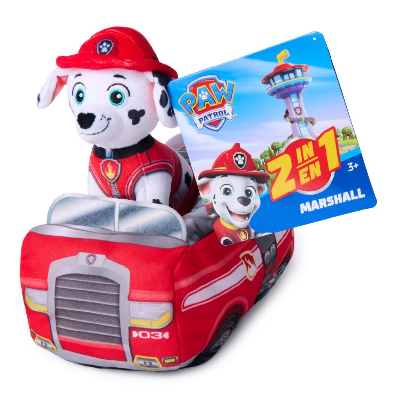 PAW Patrol , Véhicule peluche Marcus 2 en 1, animal en peluche de 15,2 cm avec camion de pompiers en peluche de 20,3