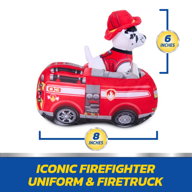 PAW Patrol , Véhicule peluche Marcus 2 en 1, animal en peluche de 15,2 cm avec camion de pompiers en peluche de 20,3