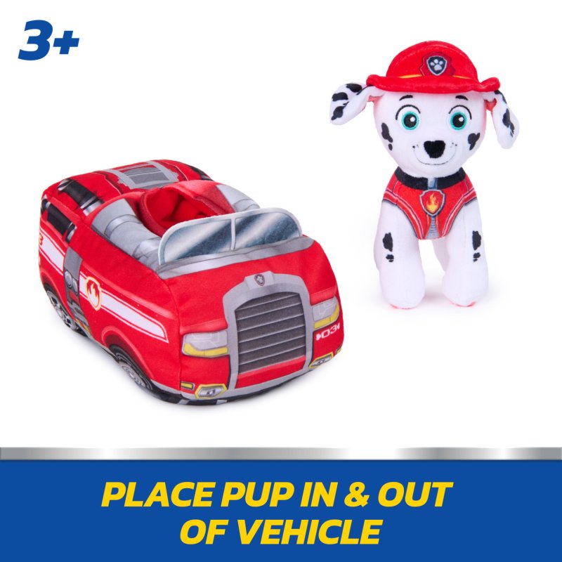 PAW Patrol , Véhicule peluche Marcus 2 en 1, animal en peluche de 15,2 cm avec camion de pompiers en peluche de 20,3
