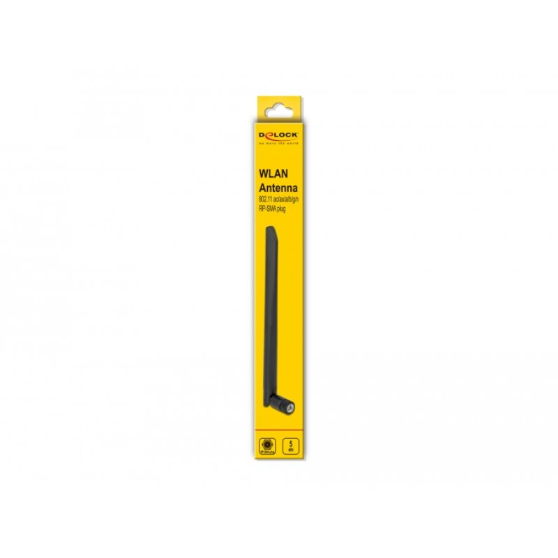 DeLOCK WLAN 802.11 a/ax/a/b/g/n Antenna RP-SMA plug 5 dBi 20 cm omnidirectional with tilt joint flexible and rubber