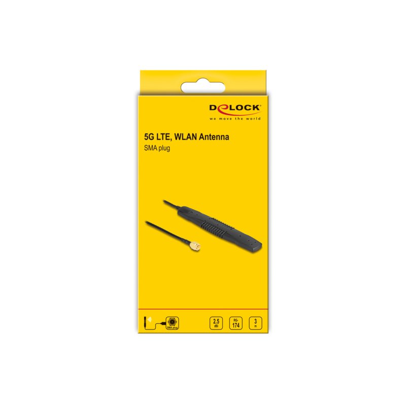 DeLOCK 5G LTE, WLAN Antenna SMA plug 2,5 dBi omnidirectional fixed black self-adhesive
