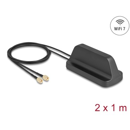 DeLOCK WiFi 7 Antenna 2 x RP-SMA plug 2.4 - 4.0 dBi omnidirectional with magnetic base and connection cable ULA100 1 m