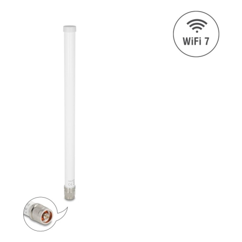 Delock WiFi 7 Antenne N Stecker 4,5 - 6,6 dBi 32 cm omnidirektional starr outdoor weiß