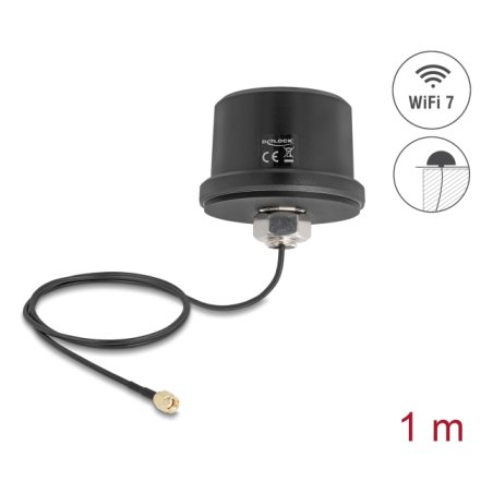 Delock WiFi 7 Antenne RP-SMA Stecker 3,1 - 3,5 dBi omnidirektional mit Anschlusskabel ULA100 1 m Dachmontage outdoor
