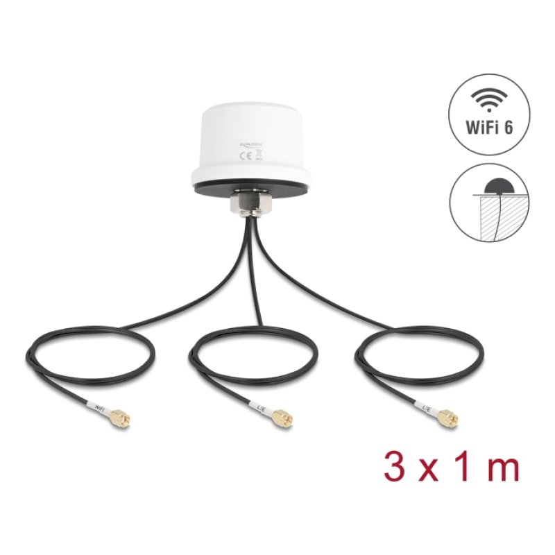 DeLOCK 4G MIMO Dual Band WiFi 6 Antenna 2 x SMA 1 x RP-SMA plug ULA100 1 m screw mounting outdoor white