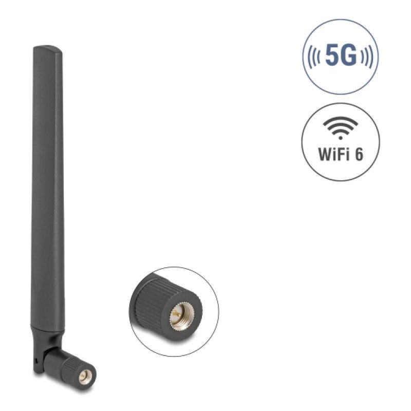 DeLOCK 5G LTE GNSS WiFi 6 Antenna SMA plug 0.9 - 4.1 dBi 183 mm omnidirectional with tilt joint black
