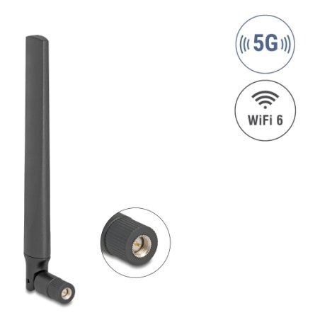 DeLOCK 5G LTE GNSS WiFi 6 Antenna SMA plug 0.9 - 4.1 dBi 183 mm omnidirectional with tilt joint black