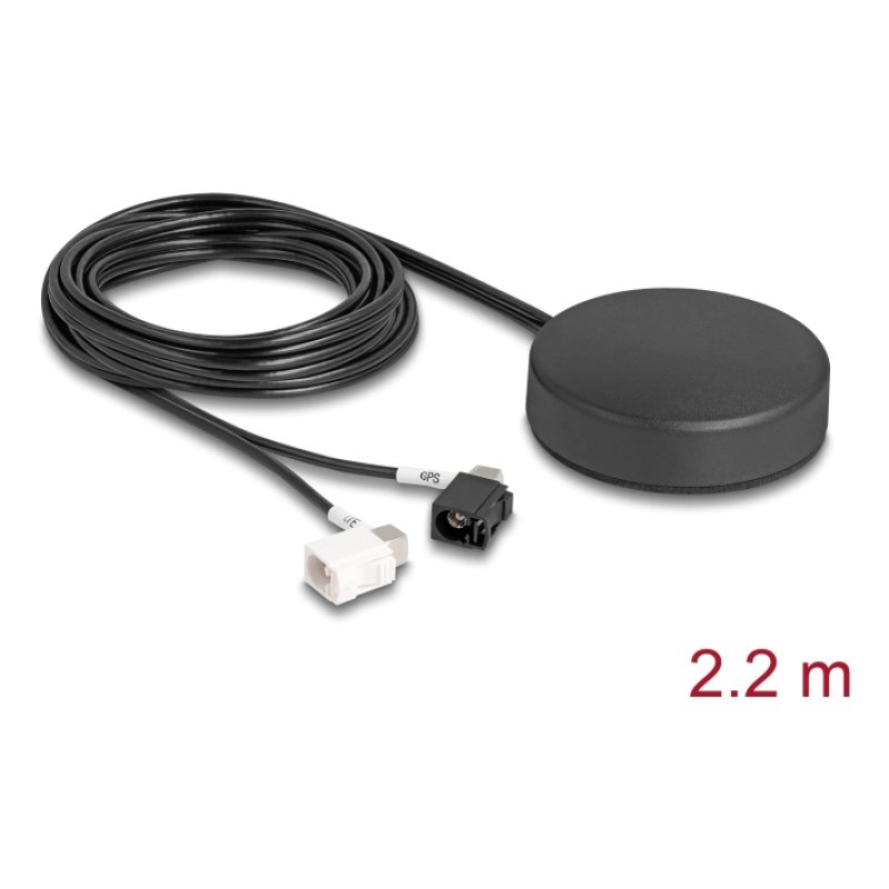 Delock 4G GNSS Antenne 1 x FAKRA A 1 x FAKRA B Buchse 2 dBi / 28 dB 2,2 m RG-174 omnidirektional Dachmontage schwarz