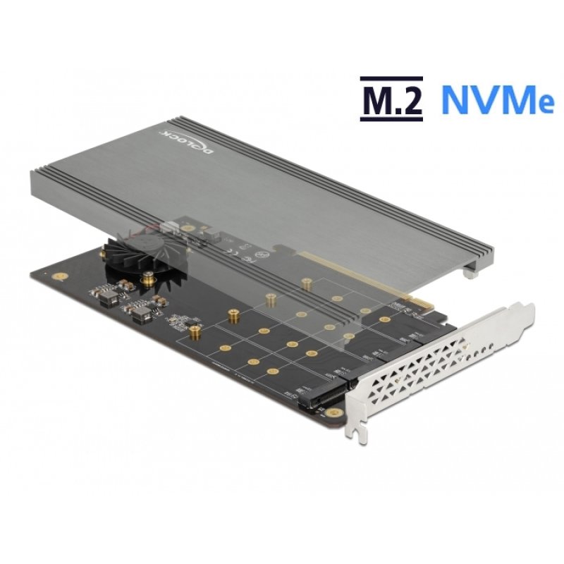 DeLOCK Carte PCI Express x16 à 4 x NVMe M.2 Key M internes avec dissipateur de chaleur et ventilateur - Bifurcation
