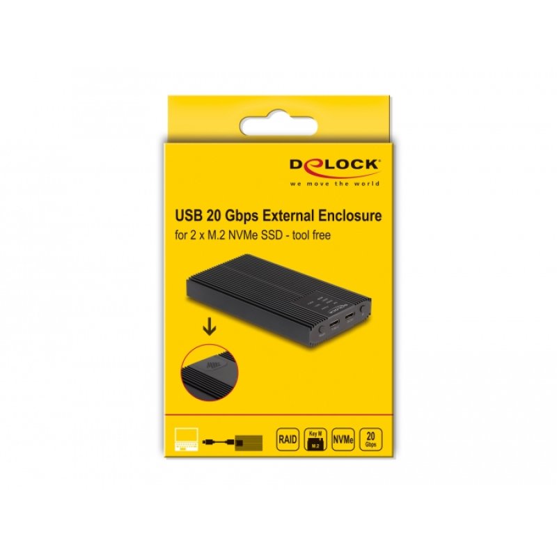 DeLOCK Boitier externe USB 20 Gbps pour 2 M.2 NVMe PCIe SSD avec USB Type-C femelle et RAID - sans outil