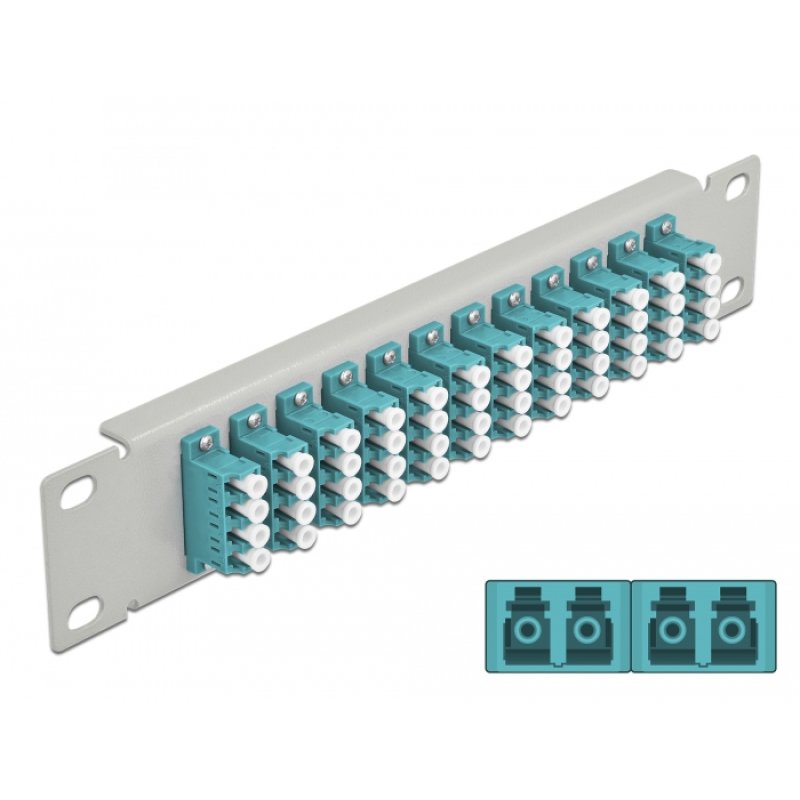 DeLOCK Panneau 10″ de distribution de fibre optique, 12 ports LC Quad aqua, 1 unité, gris