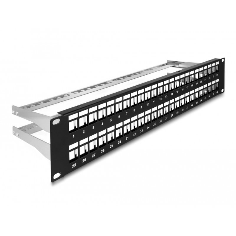 DeLOCK Panneau de distribution Keystone 19″, 48 ports avec serre-câbles, 2 unités, noir