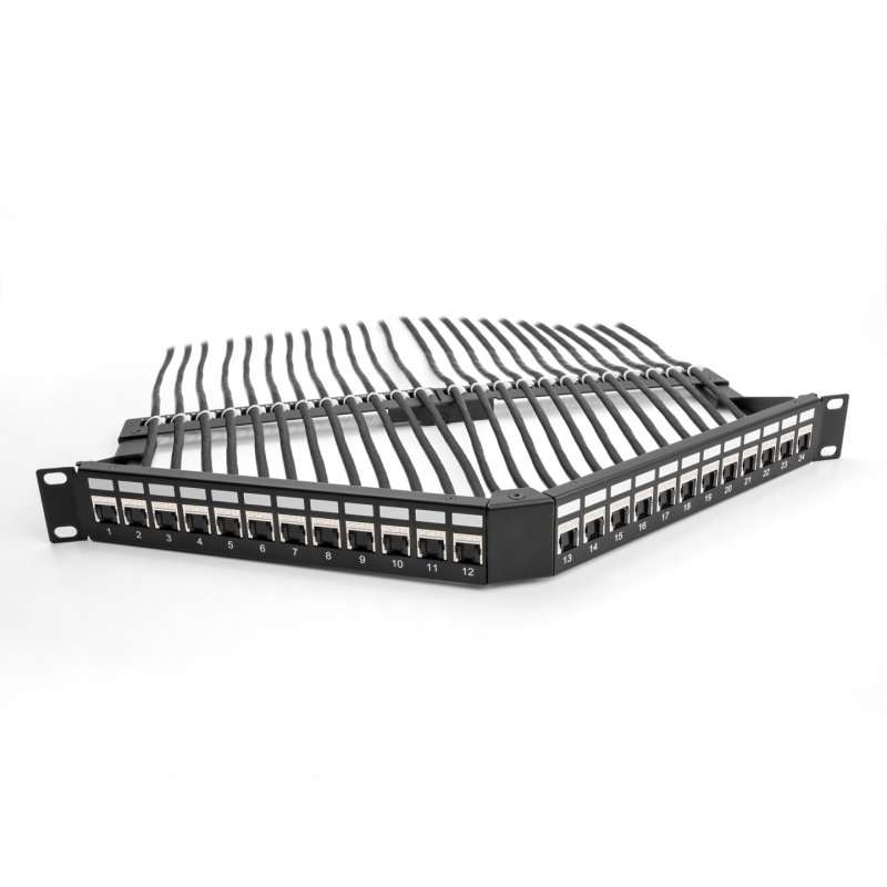 DeLOCK 19″ Keystone Patch Panel 24 port with strain relief 1U angled black