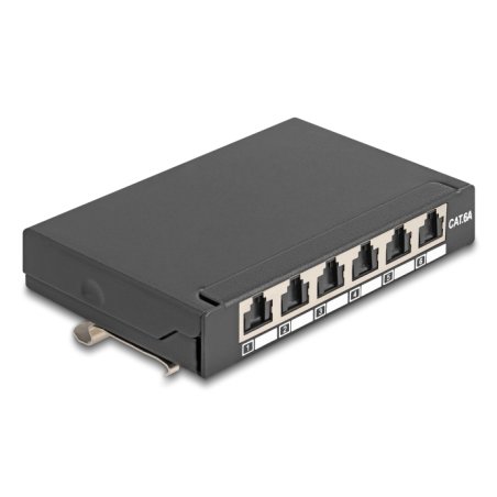 Delock Mini Desktop Patchpanel RJ45 Buchse 6 Port Cat.6A geschirmt schwarz - zur Montage an Tisch, Wand oder Hutschiene