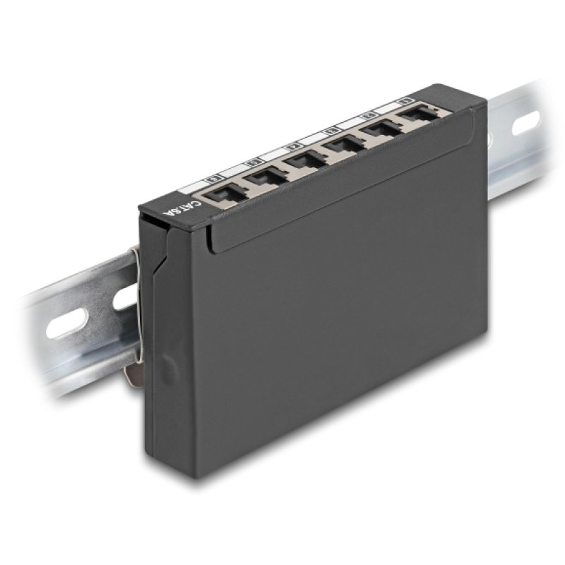 DeLOCK Mini Desktop Patch Panel RJ45 jack 6 port Cat.6A shielded black - for mounting on a table, wall or DIN rail