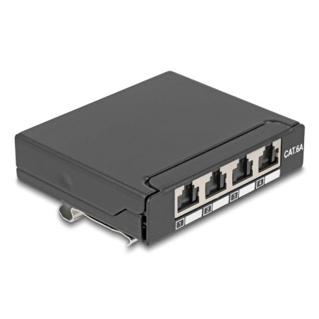DeLOCK Mini Desktop Patch Panel RJ45 jack 4 port Cat.6A shielded black - for mounting on a table, wall or DIN rail