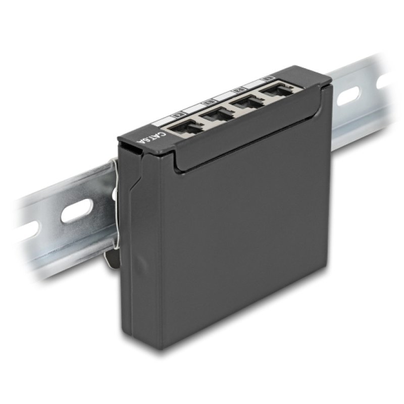 DeLOCK Mini Desktop Patch Panel RJ45 jack 4 port Cat.6A shielded black - for mounting on a table, wall or DIN rail
