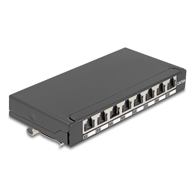 Delock Mini Desktop Patchpanel RJ45 Buchse 8 Port Cat.6A geschirmt schwarz - zur Montage an Tisch, Wand oder Hutschiene