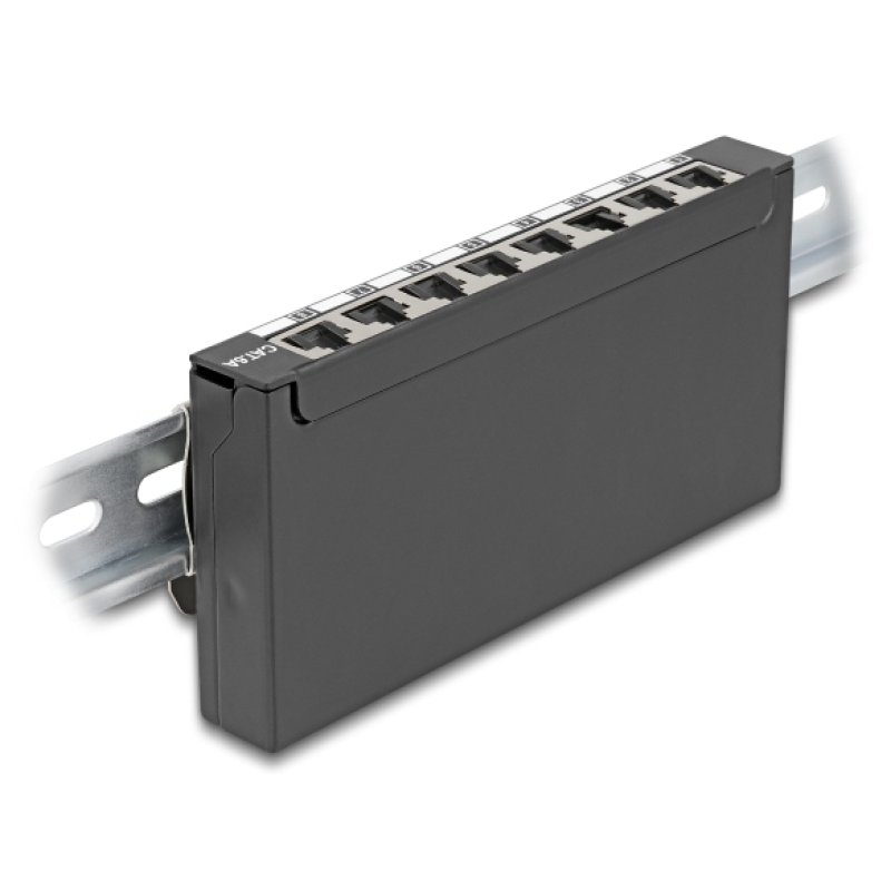 DeLOCK Mini Desktop Patch Panel RJ45 jack 8 port Cat.6A shielded black - for mounting on a table, wall or DIN rail