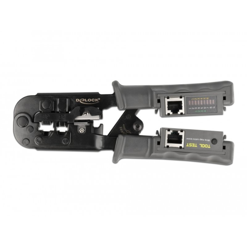 Crimpzange mit Abisolierer und Netzwerktester für 8P (RJ45), 6P (RJ12/11) oder 4P (RJ10) Stecker