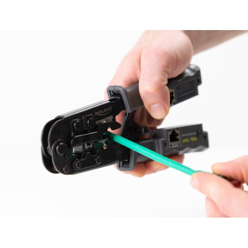 Crimpzange mit Abisolierer und Netzwerktester für 8P (RJ45), 6P (RJ12/11) oder 4P (RJ10) Stecker