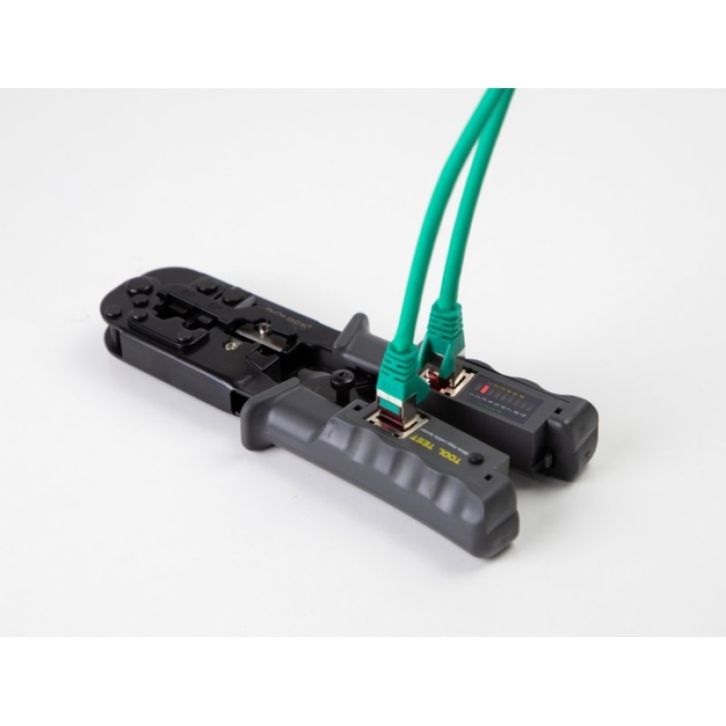 Crimpzange mit Abisolierer und Netzwerktester für 8P (RJ45), 6P (RJ12/11) oder 4P (RJ10) Stecker