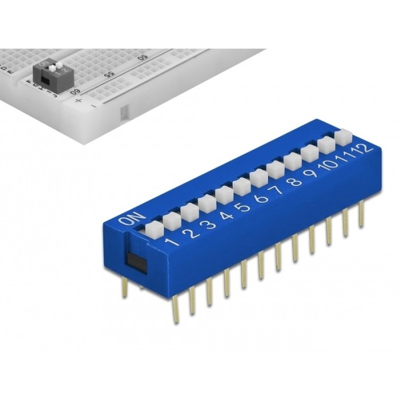 DeLOCK Interrupteur coulissant DIP, 12 numéros, déplacement 2,54 mm, THT, vertical, 10 unités