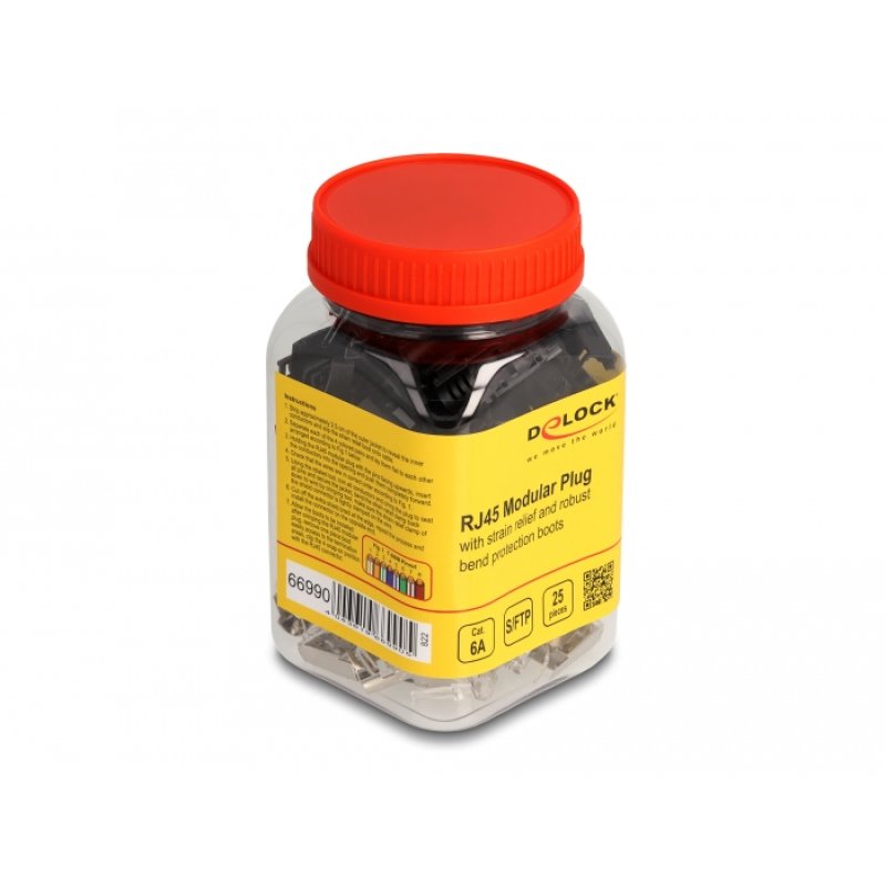 DeLOCK RJ45 Modulaire mâle avec retenue Cat.6A et protection robuste contre le pliage, set de 25 unités.
