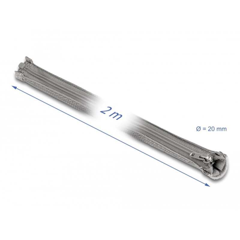 DeLOCK Manchon tressé avec fermeture Éclair résistant à la chaleur, 2 m x 20 mm, gris