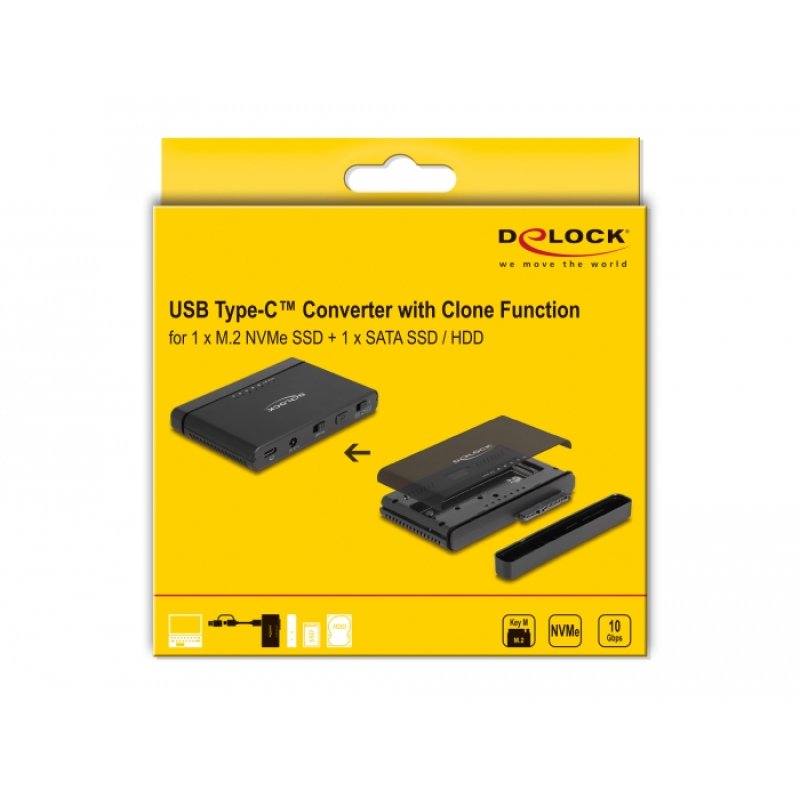 DeLOCK Convertisseur USB Type-C pour 1 x SSD M.2 NVMe 1 x SATA SSD / HDD avec fonction Clone