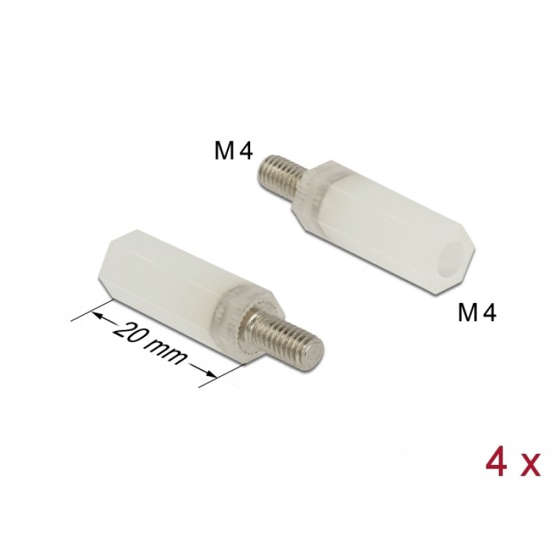 DeLOCK Standoff M4 x M4, hexagon, inside / outside, 20 mm natural 4 pcs