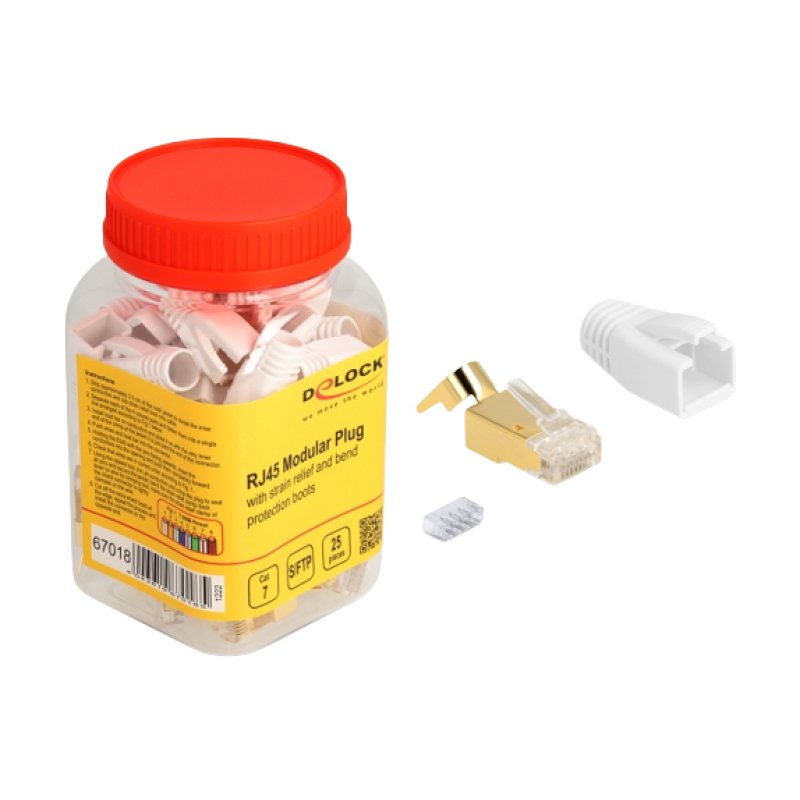 RJ45 Modularer Stecker mit Zugentlastung und Knickschutztülle für Cat.7 Rundkabel 25er Set