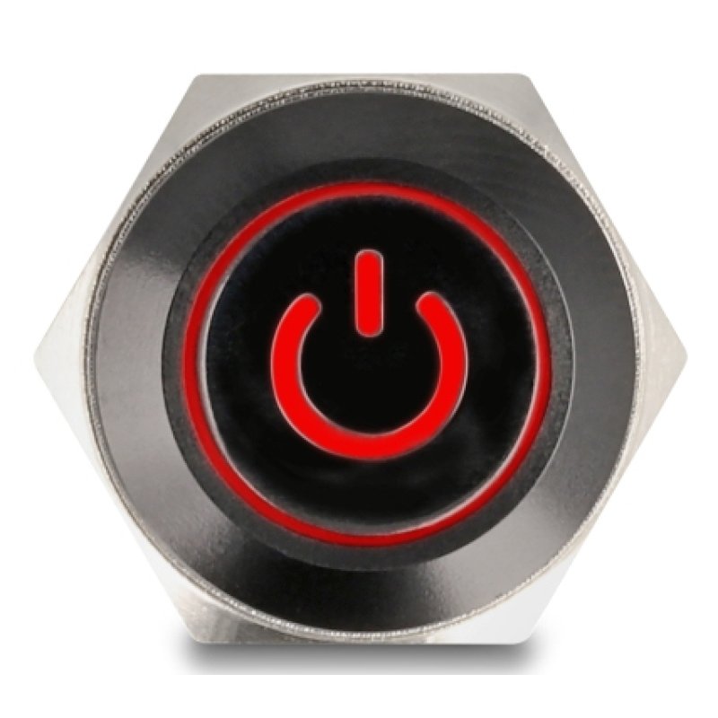 Druckschalter zum Einbau schwarz 16 mm 12 V 5 x Lötanschluss LED rot Powersymbol Ring