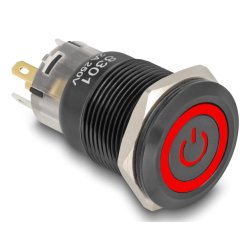Druckschalter zum Einbau schwarz 19 mm 12 V 5 x Lötanschluss LED rot Powersymbol Ring