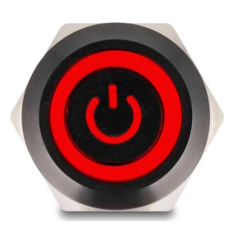 Druckschalter zum Einbau schwarz 19 mm 12 V 5 x Lötanschluss LED rot Powersymbol Ring
