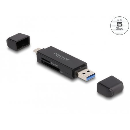 DeLOCK Lecteur de carte SuperSpeed USB 5 Gbps USB Type-C / Type-A pour cartes de mémoire SD et Micro SD