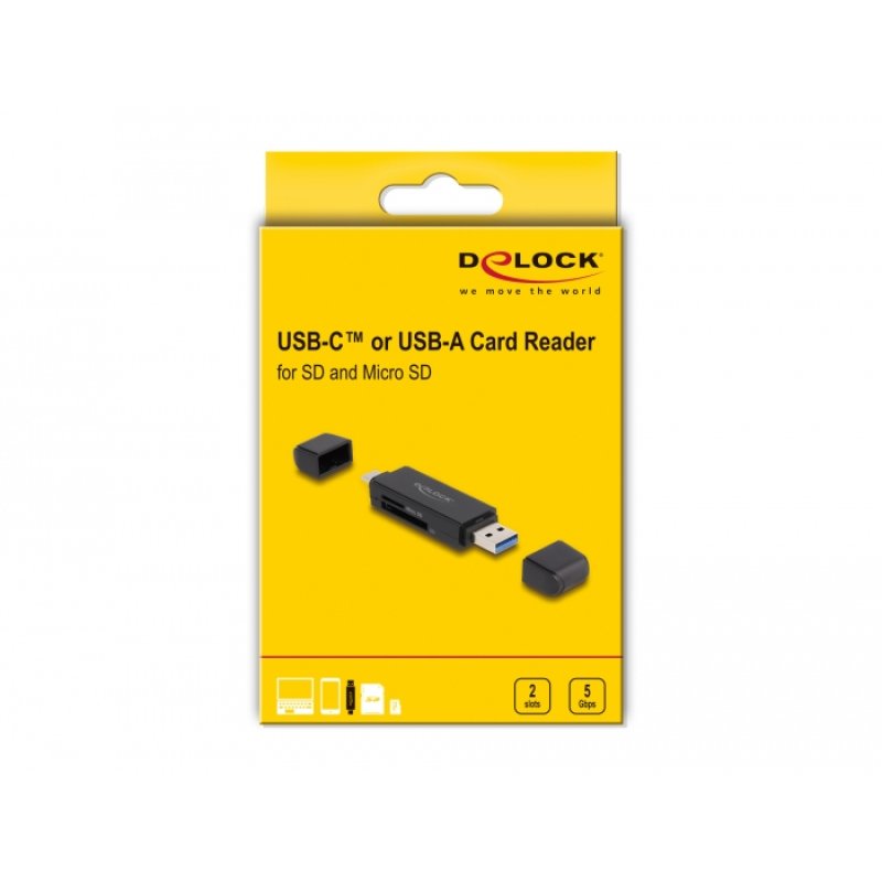 Delock Card Reader SuperSpeed USB 5 Gbps USB Type-C™ / Typ-A für SD und Micro SD Speicherkarten