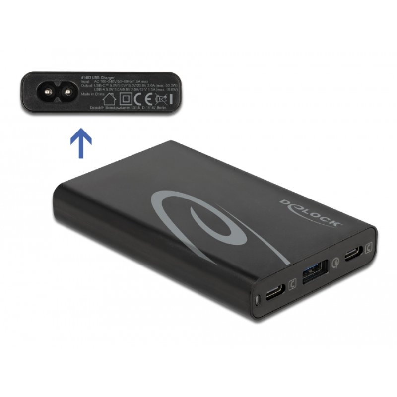 DeLOCK Chargeur USB, 2 x USB Type-C PD 3.0 1 x USB Type-A avec 60 W