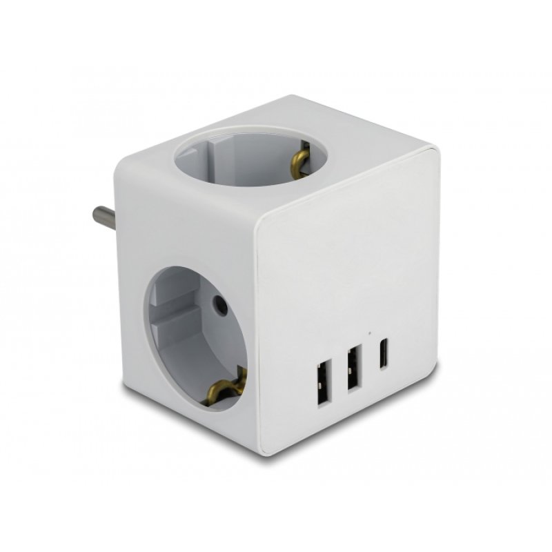 DeLOCK Cube multiprise 3 voies avec verrou à l’épreuve des enfants et chargeur USB, blanc