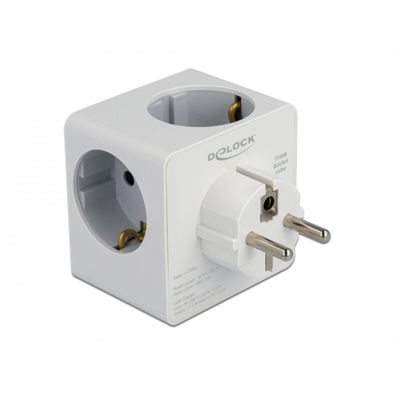 DeLOCK Multi Socket Cube 3-way with childproof lock and USB charger white