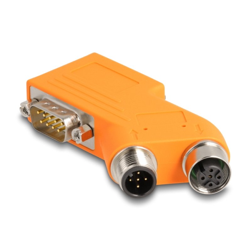 DeLOCK D-Sub 9 male and female to M12 male and female 5 pin A-coded CAN bus splitter 35° orange