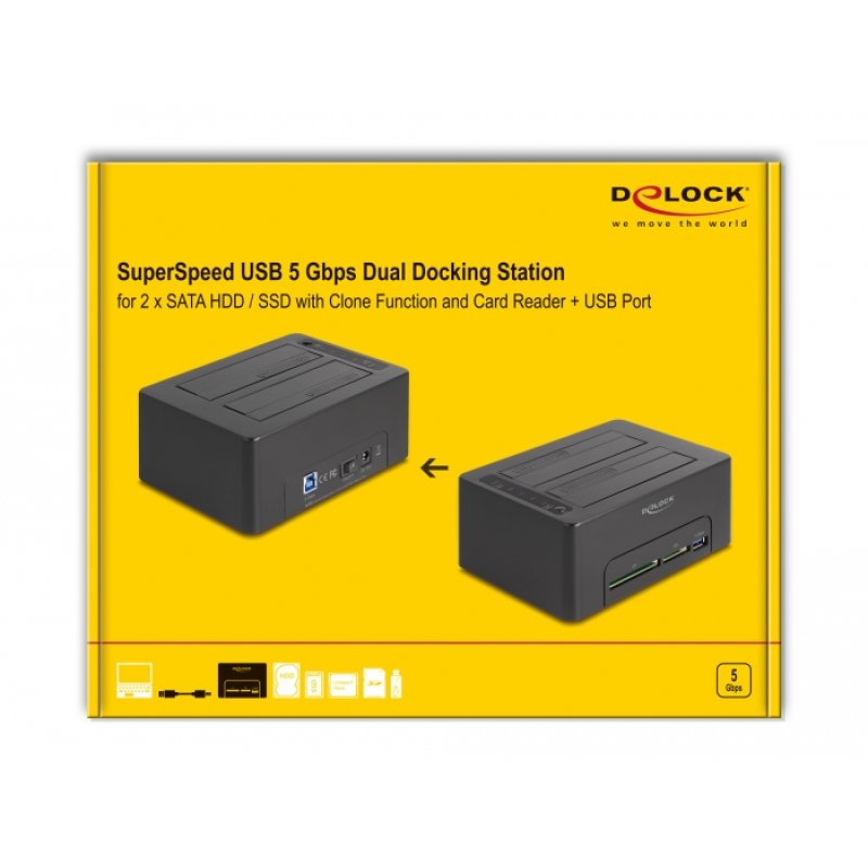 DeLOCK USB Dual Docking Station for 2 x SATA HDD / SSD with Clone Function and Card Reader additional USB Port