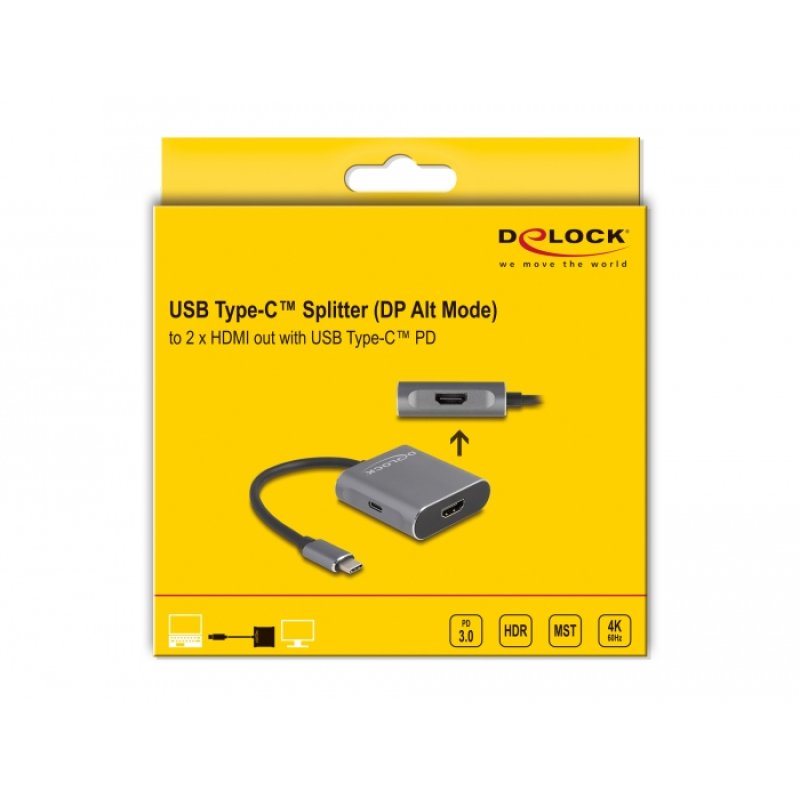 DeLOCK Diviseur USB Type-C (DP Alt Mode) vers 2 x HDMI MST avec USB Type-C PD