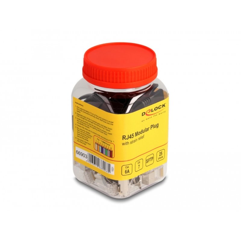 DeLOCK RJ45 Modular Plug with strain relief Cat.6A, Cat.7 and bend protection boots 25 pcs set