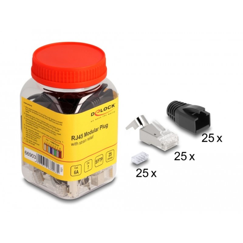 DeLOCK Fiches modulaires RJ45 avec cliquer de dégagement Cat.6A, Cat.7 avec protection contre le pliage, set de 25