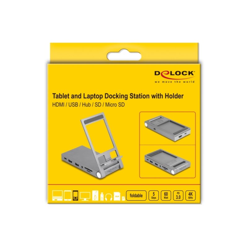 DeLOCK Station d’accueil de tablette et laptop 4K avec support intégré - HDMI / USB / Hub / SD / Micro SD / PD 3.0
