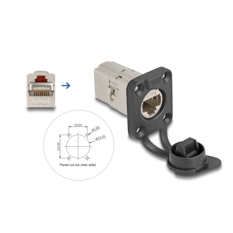 DeLOCK Connecteur intégré RJ45 Type-D STP Cat.6A avec capuchon de protection IP66 pour la poussière et l‘eau