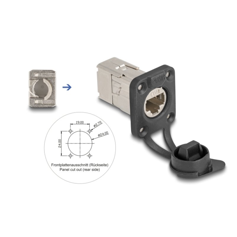 DeLOCK Connecteur intégré RJ45 Type-D avec connexion LSA Cat.6A STP avec capuchon de protection IP66 pour la
